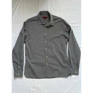 John Varvatos Shirt Mens 16L Gray Stripe Star USA Slim Fit Long Sleeve Button